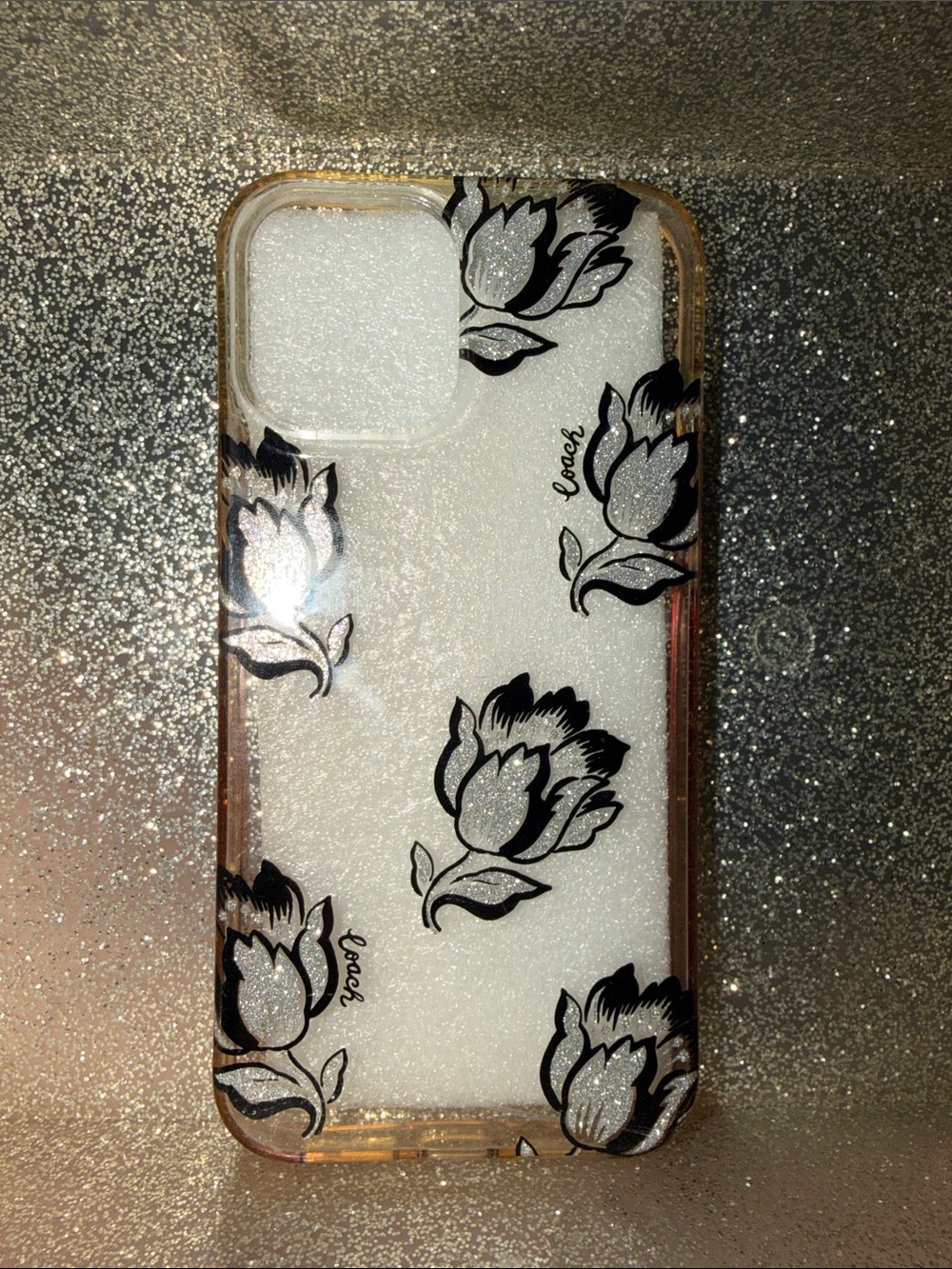 Coach Clear Floral Glitter Phone Case - Black Flower Design